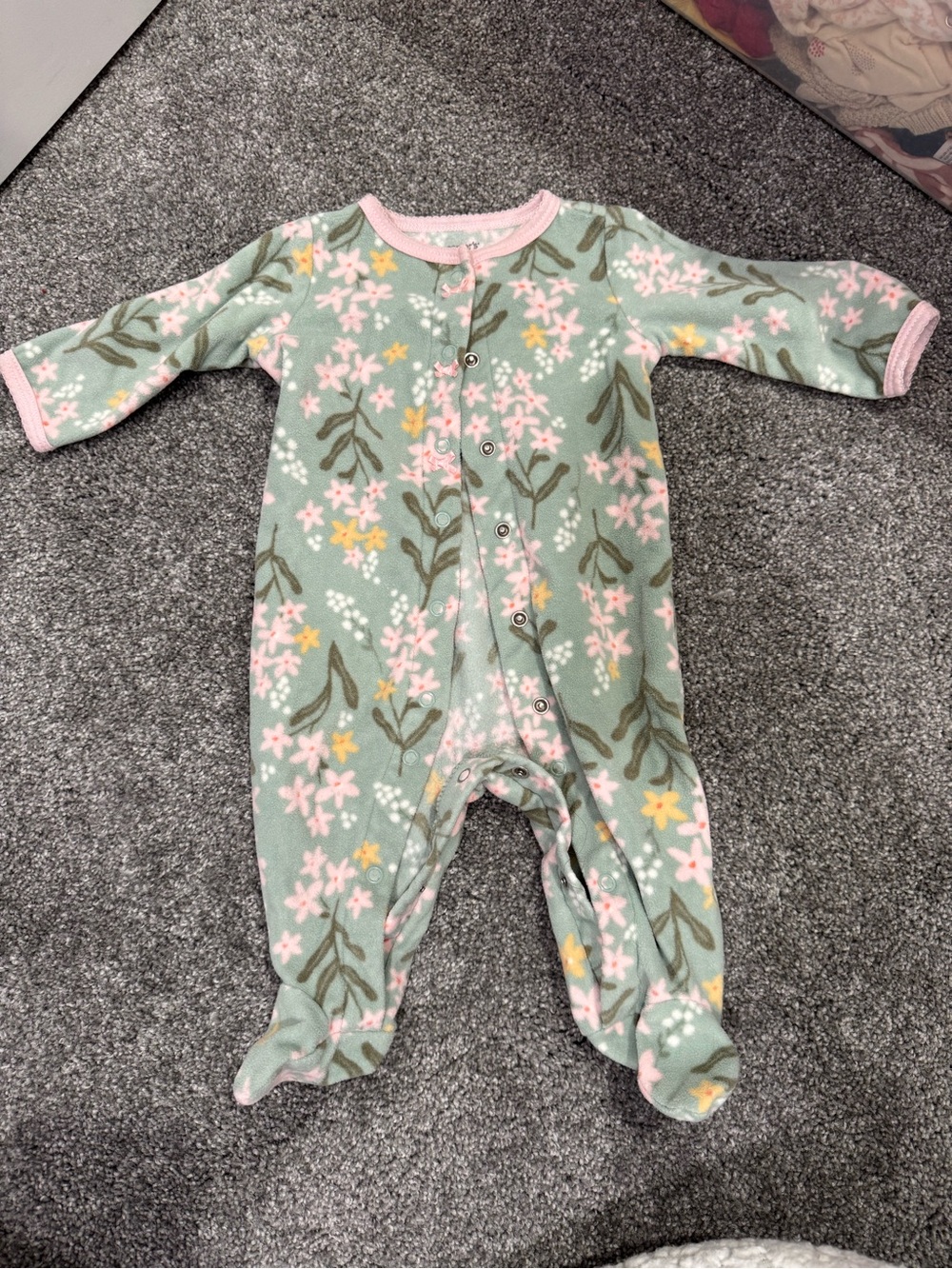 Carters fleece Floral Footed One-Piece Pajamas in Mint Green with Pink Trim